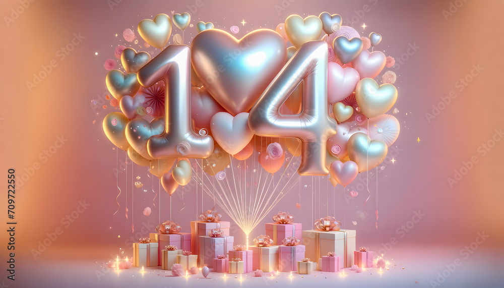 Obraz premium A soft and dreamy Valentine's Day 3D illustration, with a gentle pastel pink background. The scene is centred around large, pastel-colored metallic balloons shaped as the number '1' and '4', together