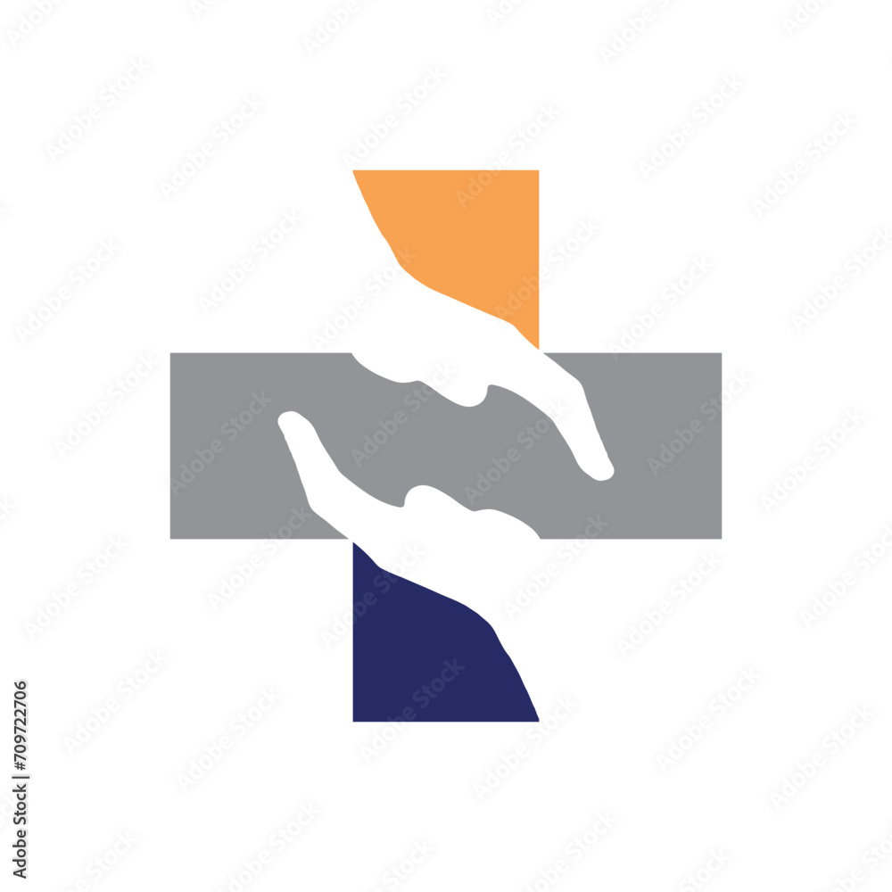 Colorful medical cross with two hands reaching out to each other in negative space abstract Colorful medical cross with two hands reaching out to each other in negative space abstract