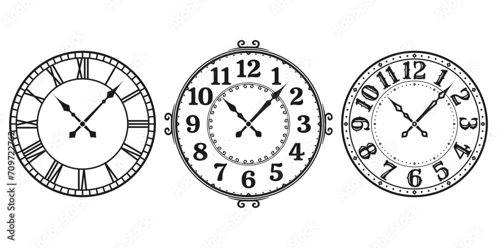 Clock face vintage set. Old wall watch with retro numeral. Antique clockface design. Vector