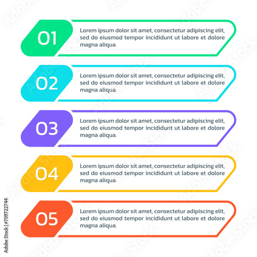 5 step info graphic template. List diagram, chart with five numbers. Business infographic, presentation, modern layout design with vertical elements. Vector illustration.