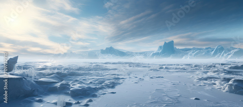 Arctic Winter Wonderland: Majestic Glacial Landscape, Frozen Blue Water, and Snow-Covered Peaks Sparkling under Clear Polar Sky © SHOTPRIME STUDIO