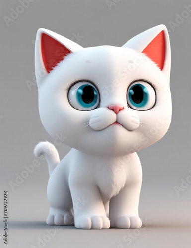 cat on a white Cute black baby cat 3d character. Cartoon cat with cute eyes. 3d render illustration. white backround Farm animals set