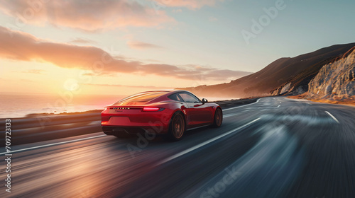A modern sports car speeding down a coastal highway at sunset the ocean glittering in the background.