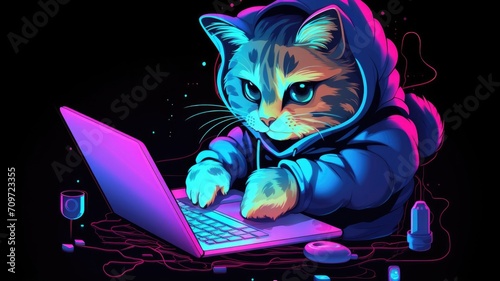 A hooded cat is sitting at a laptop and typing something on the keyboard. Neon style. The cat is a gamer, a hacker. Cartoon style. photo