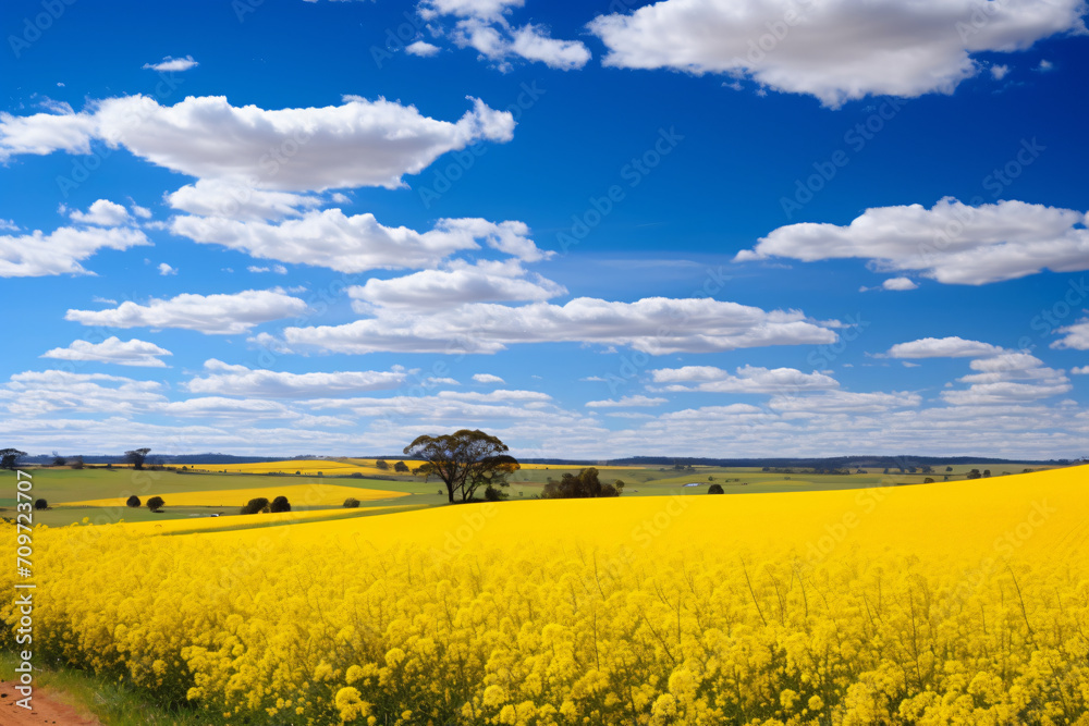 Yellow flowering canola on green field, in the style of australian landscape, bold chromaticity, expansive skies, light sky-blue, samyang af 14mm f/2.8 rf, unprimed canvas, uhd image

