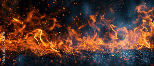 Texture of fire on black background. Many flames and fire with smoke on dark background. 