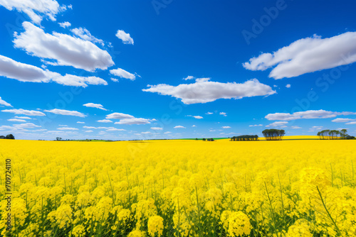 Yellow flowering canola on green field, in the style of australian landscape, bold chromaticity, expansive skies, light sky-blue, samyang af 14mm f/2.8 rf, unprimed canvas, uhd image