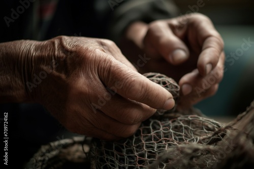 Male hands holding fishing net. Fisherman catching fish seine equipment. Generate ai