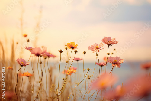 Colorful flowers in summer horizon, in the style of soft focus romanticism, light orange and magenta, samyang 14mm f/2.8 if ed umc aspherical, shaped canvas, light brown and yellow, cu