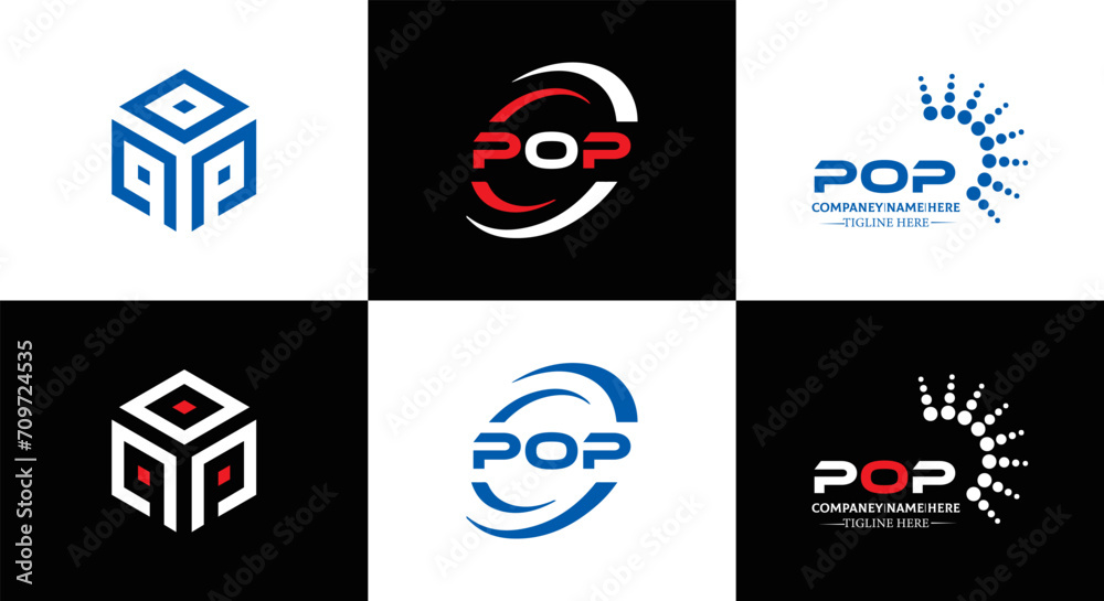 POP logo. P O P design. White POP letter. POP, P O P letter logo design. Initial letter POP linked circle uppercase monogram logo. P O P letter logo vector design. POP letter logo design five style.	
