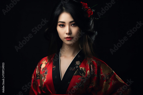 Photo of stunning lovely chinese girl wear traditional kimono isolated on black color background generative AI