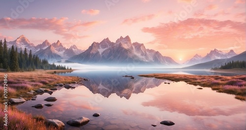 A breathtaking  ultra-realistic mountain vista at dawn  with a soft pink and orange sky  towering peaks  and a serene lake reflecting the scene - Generative AI