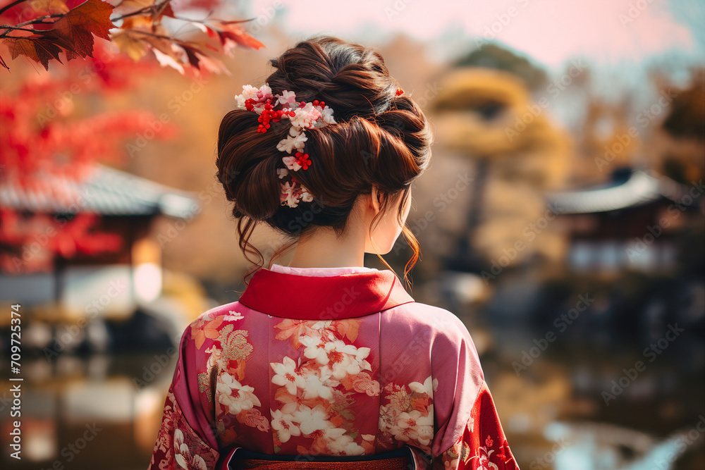 Portrait of charming adorable cute chinese girl in kimono made with generative AI