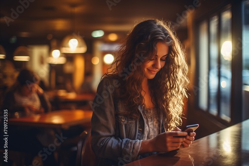 Smiling woman using smartphone, isolated on the blurred cafe background