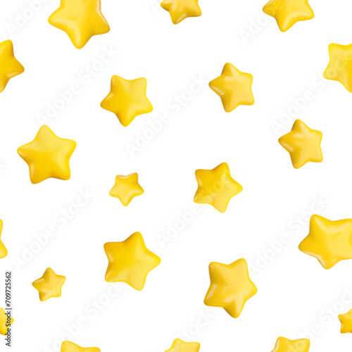 3d falling star seamless pattern. Vector gold starry sky print on white background. Cute cartoon 3d render stars background for birthday decoration, greeting card, design, game, app.