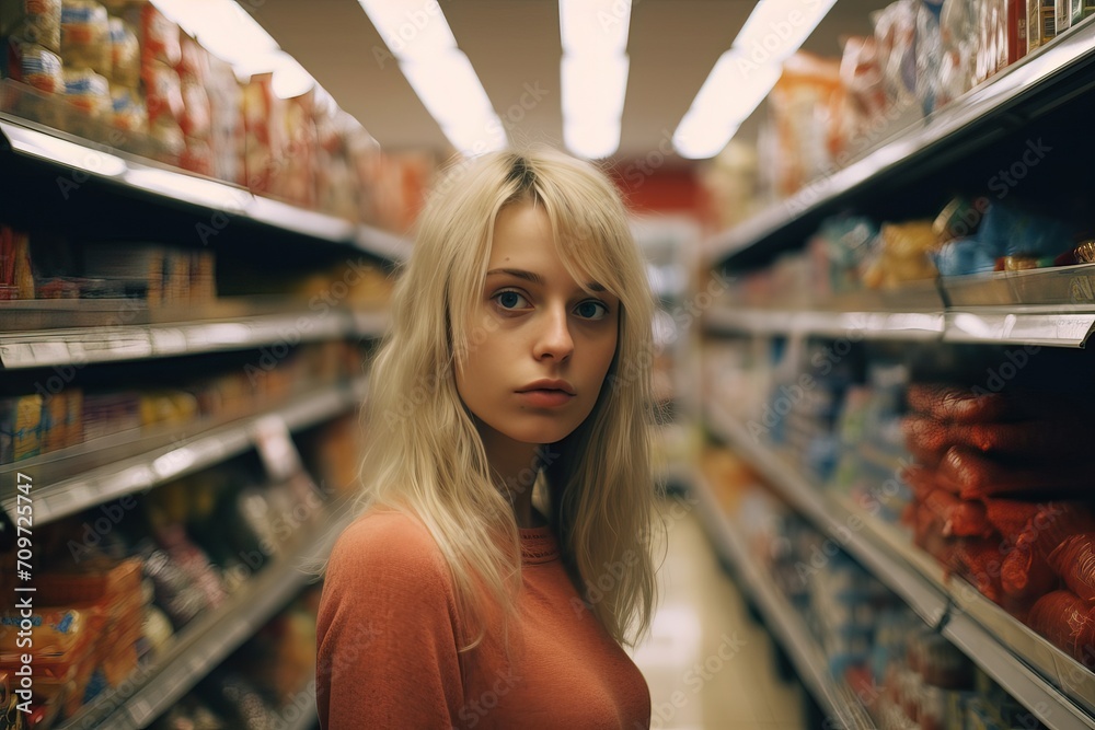 Supermarket Shopping: Young Woman Amidst Goods Shelves