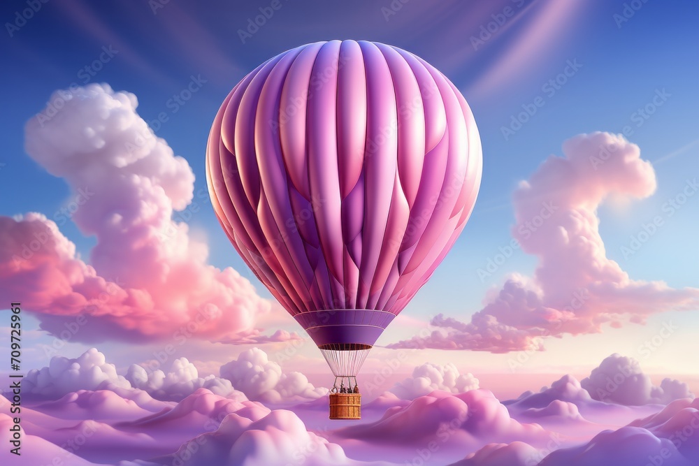 Fototapeta premium Dreamy Hot Air Balloon with Gradient Colors, on an isolated Lavender Purple background, Generative AI