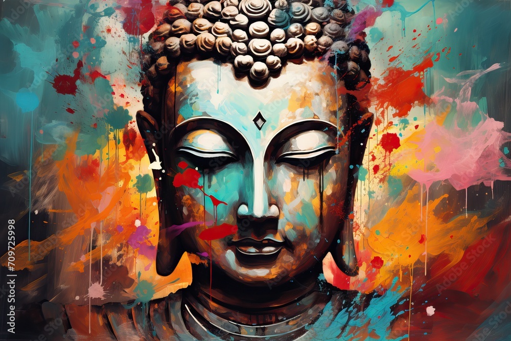 Buddha Serenity: Pop Art Illustration of Buddha Statue Head