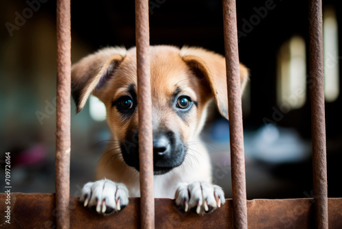 Cachorro de perro encerrado en una jaula. photo