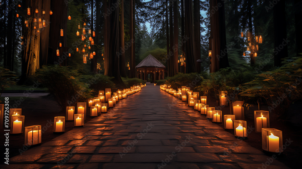  a serene Canadian forest with a pathway illuminated by lanterns, creating a tranquil setting for a reflective Canada Day 2024 celebration