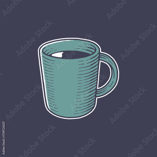 Coffee mug engraving hand drawn isolated vector illustration. Design element for shirt design, logo, sign, poster, banner.