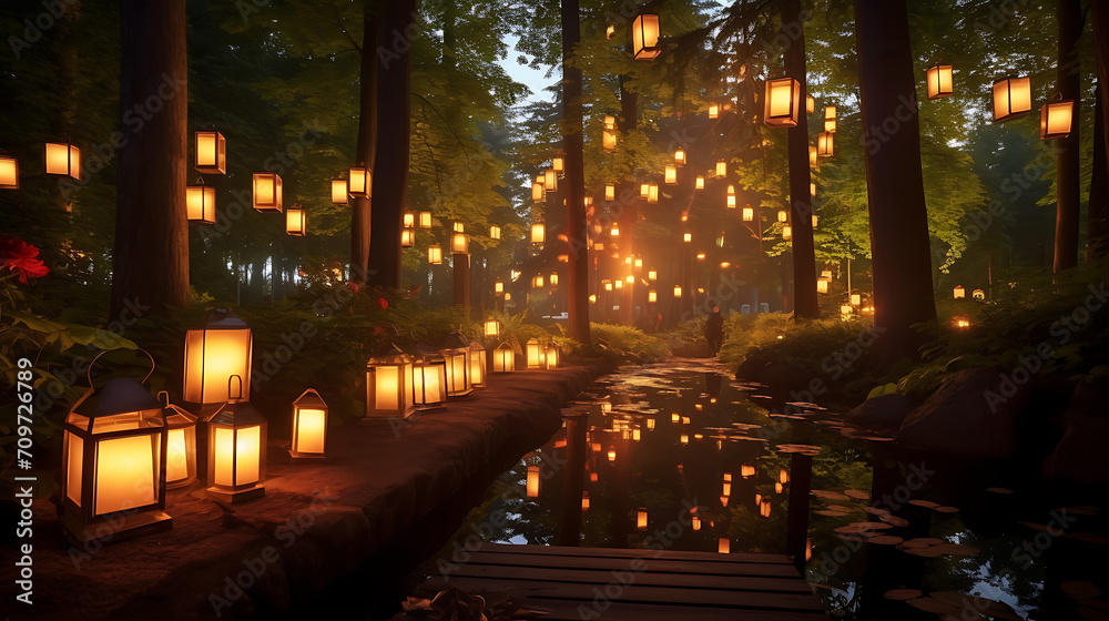  a serene Canadian forest with a pathway illuminated by lanterns, creating a tranquil setting for a reflective Canada Day 2024 celebration