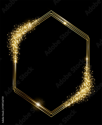 Vector template of shining gold frame, background with glitter for Christmas celebration party, New Year card, wedding, bachelorette party, baby shower party, logo, casino, birthday.