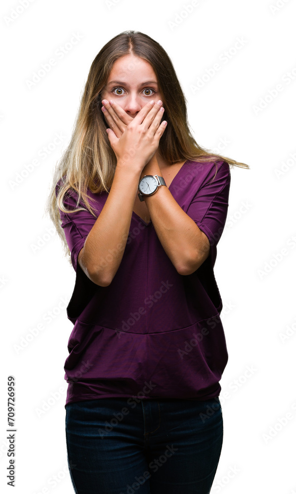 Young beautiful blonde elegant woman over isolated background shocked covering mouth with hands for mistake. Secret concept. Young beautiful blonde elegant woman over isolated background shocked covering mouth with hands for mistake. Secret concept.