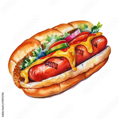 Hotdog Aquarell Kunst Bild Fast Food Illustration Würstchen Bun Handgemalt Snack Kunstwerk Ketchup Senf Zwiebeln Leinwanddruck Streetfood Wandkunst Küchendekor Geschenkidee Imbissbude
