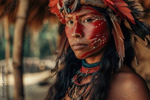 Indigenous Colors: A Captivating Face Photo of a Native Brazilian from the Panará - Krenakore Tribe, Adorned with Traditional Bold Red Face Paintings photo
