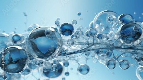 An array of interconnected transparent blue bubbles floating against a light blue background