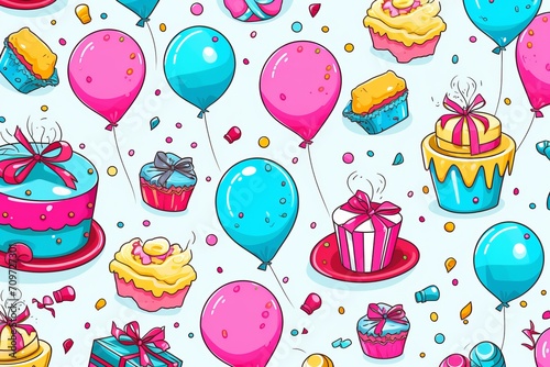 Cartoon cute doodles of party favors, cupcakes, and smiling balloons creating a joyful and vibrant birthday seamless backdrop, Generative AI