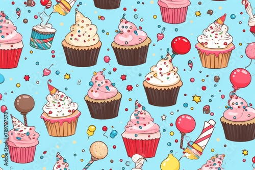 Cartoon cute doodles showcasing birthday cupcakes  balloons  and confetti in a lively and celebratory seamless pattern  Generative AI