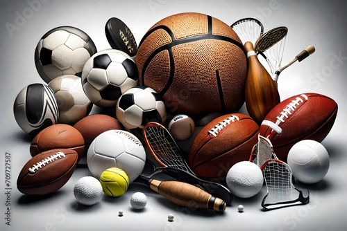  a stunning display featuring an array of different sport balls and equipment set against a pristine white background. 