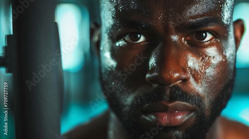 Close-up of handsome muscular young black man looking at the camera working out exercising training in the gym