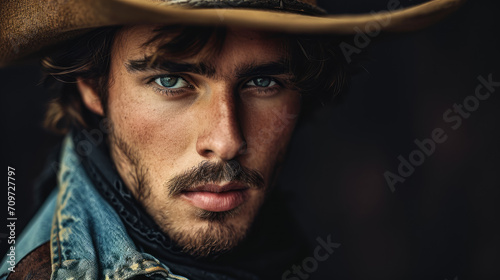 Fotografia Portrait of cowboy in hat, american western ranch man model