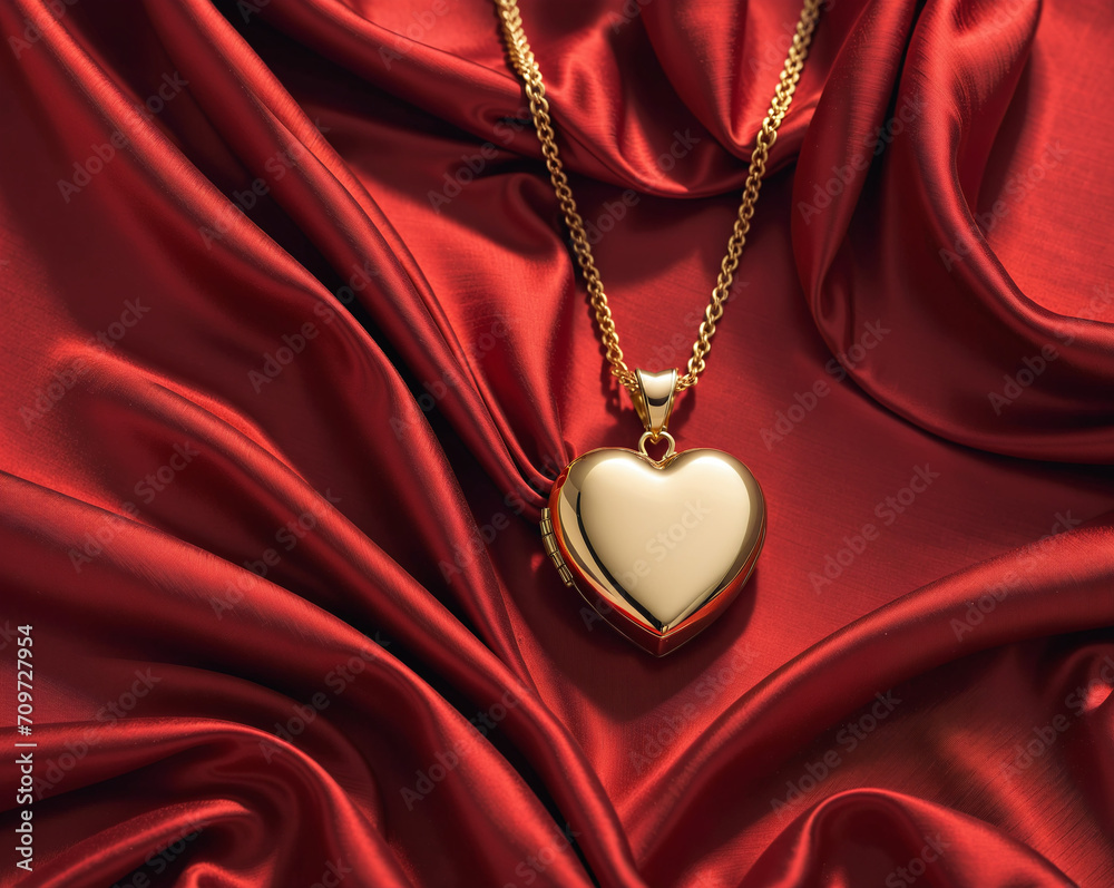 a heart-shaped pendant rests on a silk fabric. Generated AI. a heart-shaped pendant rests on a silk fabric. Generated AI.