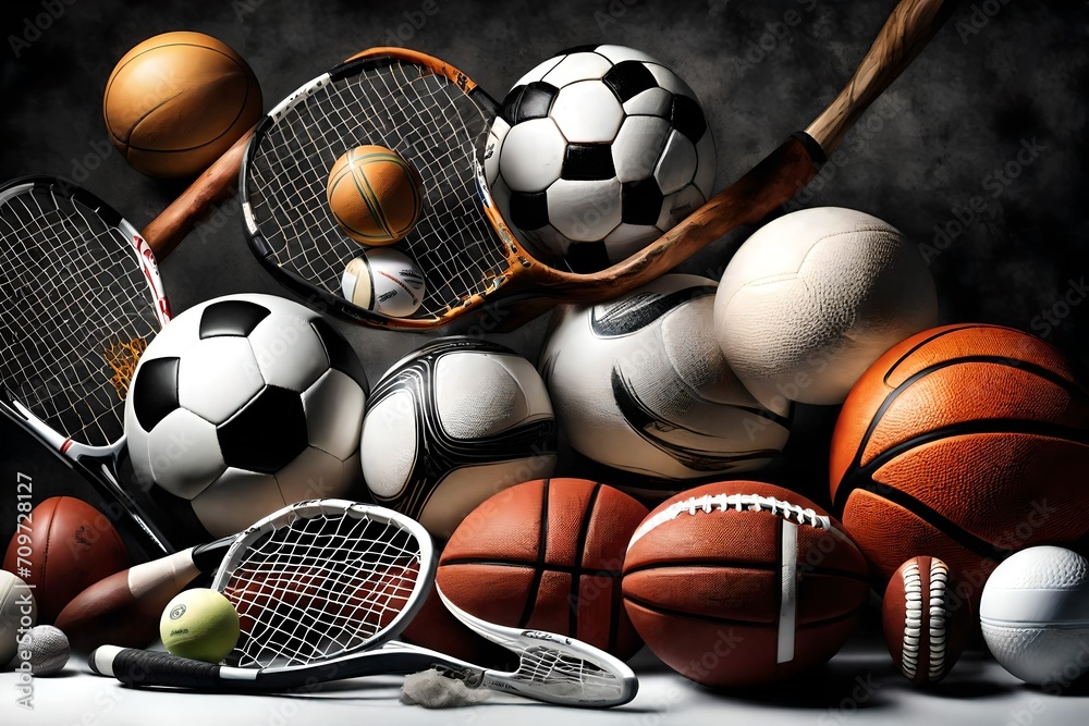  a stunning display featuring an array of different sport balls and equipment set against a pristine white background.  - obrazy, fototapety, plakaty 