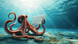 Cute pink octopus 3d cartoon with blank sign in his tentacles underwater