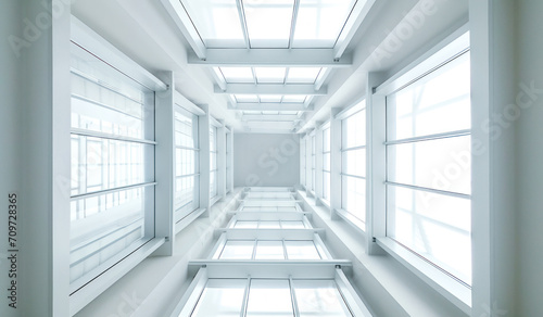 inside view of a modern  white building with lots of windows  in the style of atmospheric illusionism  precisionist lines  layered translucency  symmetrical compositions  highly detailed