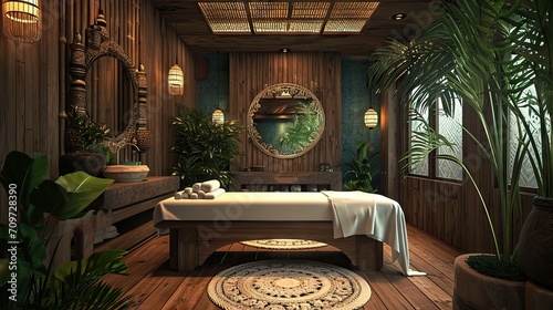 Beautiful SPA massage room with bed in the luxury interior design hotel room. exotic style, greeny room photo