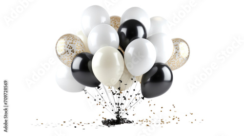 Gold chrome and black balloon with confetti, a bunch of balloons on transparent background. Balloons for wedding, holiday. Valentine's day gift 