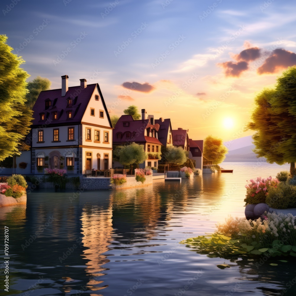 Naklejka premium a fictional town with European-style houses on the shore of a pond at sunset