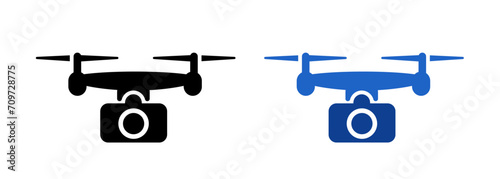 Photography video drone icon with large camera set black and blue color simple unmanned aerial vehicle