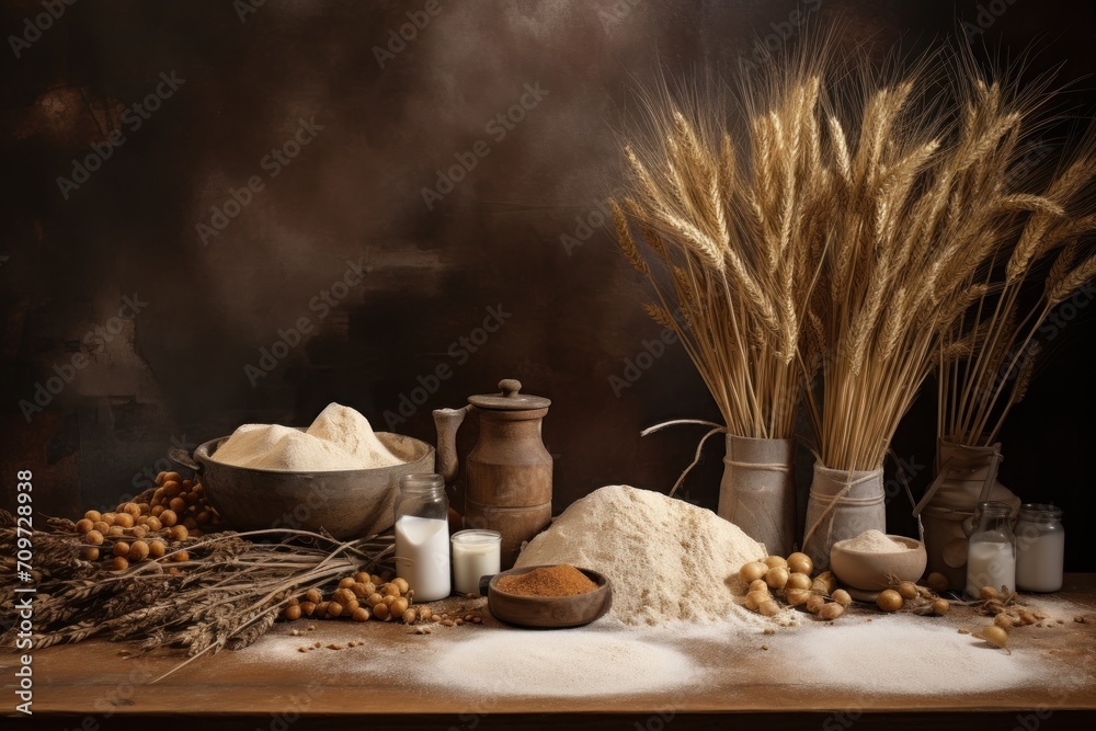 wheat, wheatgrass, oats, malt and oatmeal on a brown background. ingredients of wheats, bread and flours. grains and flour on the table - obrazy, fototapety, plakaty 