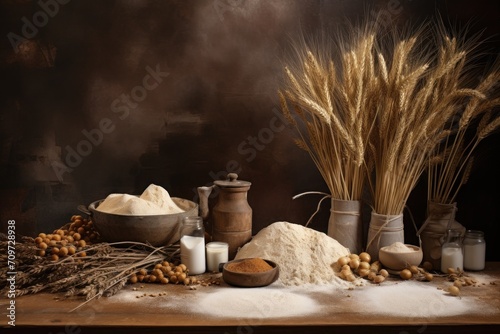 wheat, wheatgrass, oats, malt and oatmeal on a brown background. ingredients of wheats, bread and flours. grains and flour on the table