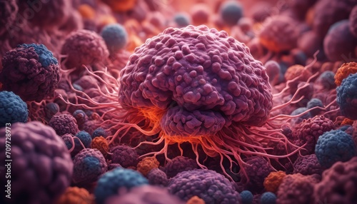 Tumor background with cancer cells  T cells  nanoparticles  molecules and blood vessels. Oncology research concept