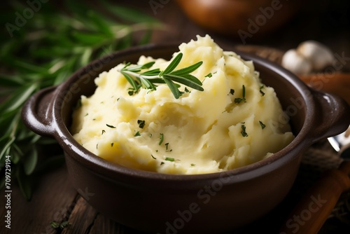 Mashed potatoes with herbs. Rustic traditional pureed potato bowl. Generate ai