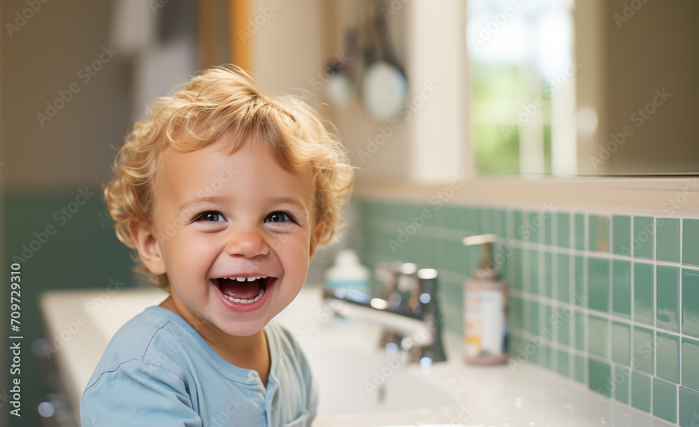 Happy little boy in the bathroom getting ready to wash his face and take a bath. Smiling cute preteen child standing next to the bathtub doing morning routine Happy little boy in the bathroom getting ready to wash his face and take a bath. Smiling cute preteen child standing next to the bathtub doing morning routine