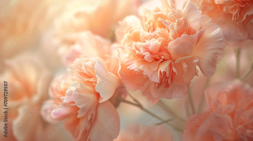 Capture the intricate beauty of peonies in the enchanting Peach Fuzz, the color of the year 2024, through a close-up macro lens.